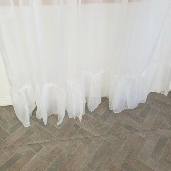 Curtain Panel Ruffled Hem 124W x 80L NEW White Sheer 2 Panels Rod Pocket - Picture 4 of 5